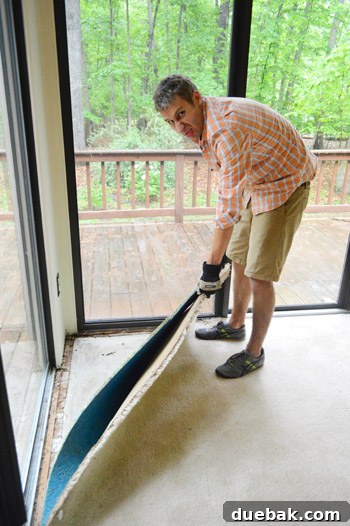 Removing Carpet, Padding, and Tack Strips 2 Sunroom rug removal process with crowbar