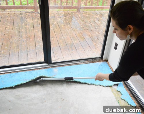 Removing Carpet, Padding, and Tack Strips 4 Removing glued rug pad with a floor scraper