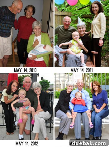Clara celebrating her birthday with three grandparents.