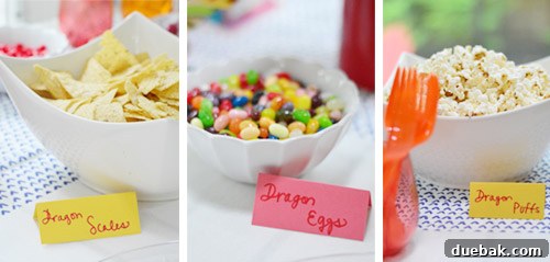 Dragon's Lair Birthday Bash 9 Creative food labels for a dragon birthday party: 'Dragon Salsa,' 'Dragon Egg Jelly Beans,' and 'Dragon Puffs Popcorn.'