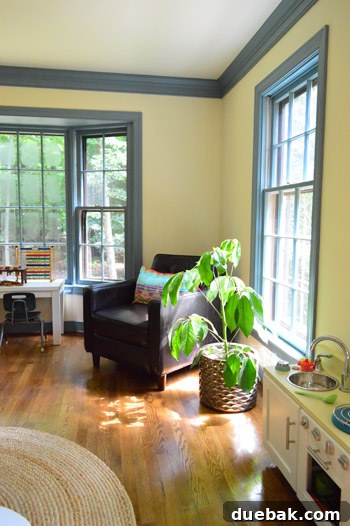Cozy corner of the office with a green plant in a low window and a chair, where Clara often reads.