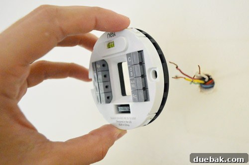 Nest base mounted on the wall with built-in level visible