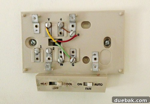 Closer look at the old thermostat's wiring configuration