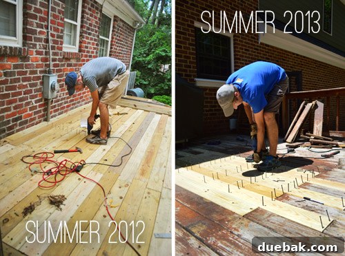 Side by side of John building two decks
