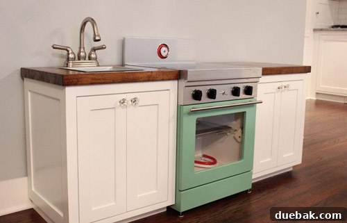 Close-up of the play kitchen cabinetry with realistic details
