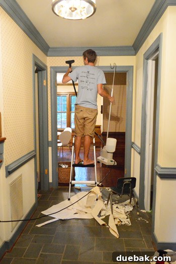 John struggling to steam high walls with a short-hosed clothes steamer