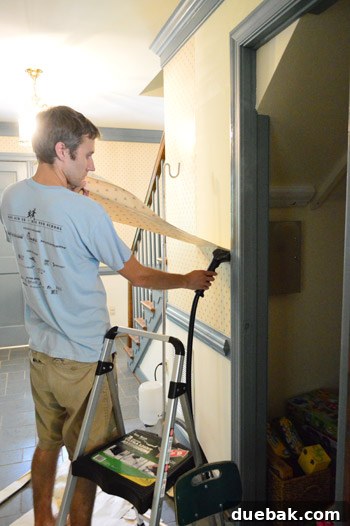 Smiling person demonstrating solo wallpaper removal with a steamer
