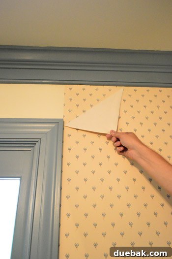 Close-up of layered wallpaper being removed from the wall