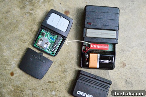 Inside of the new Clicker universal remote showing its adjustable dip switches