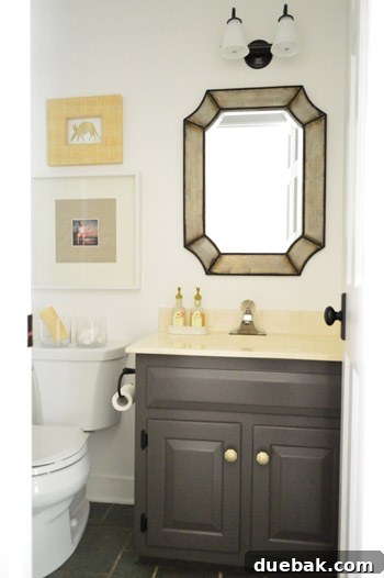 Overall view of bathroom decor featuring the golden armadillo and cohesive color palette