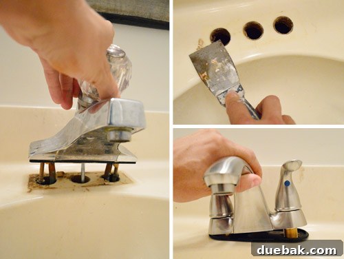 DIY Bathroom Faucet Replacement 9 New faucet installed in the half bathroom sink, showing under-sink connections