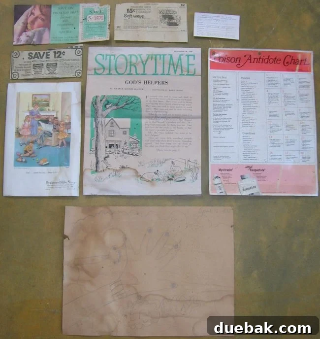 Collection of vintage coupons, a dentist card, Bible stories, a poison antidote chart, and a child's drawing found during a kitchen renovation, dated from 1958 to 1981.