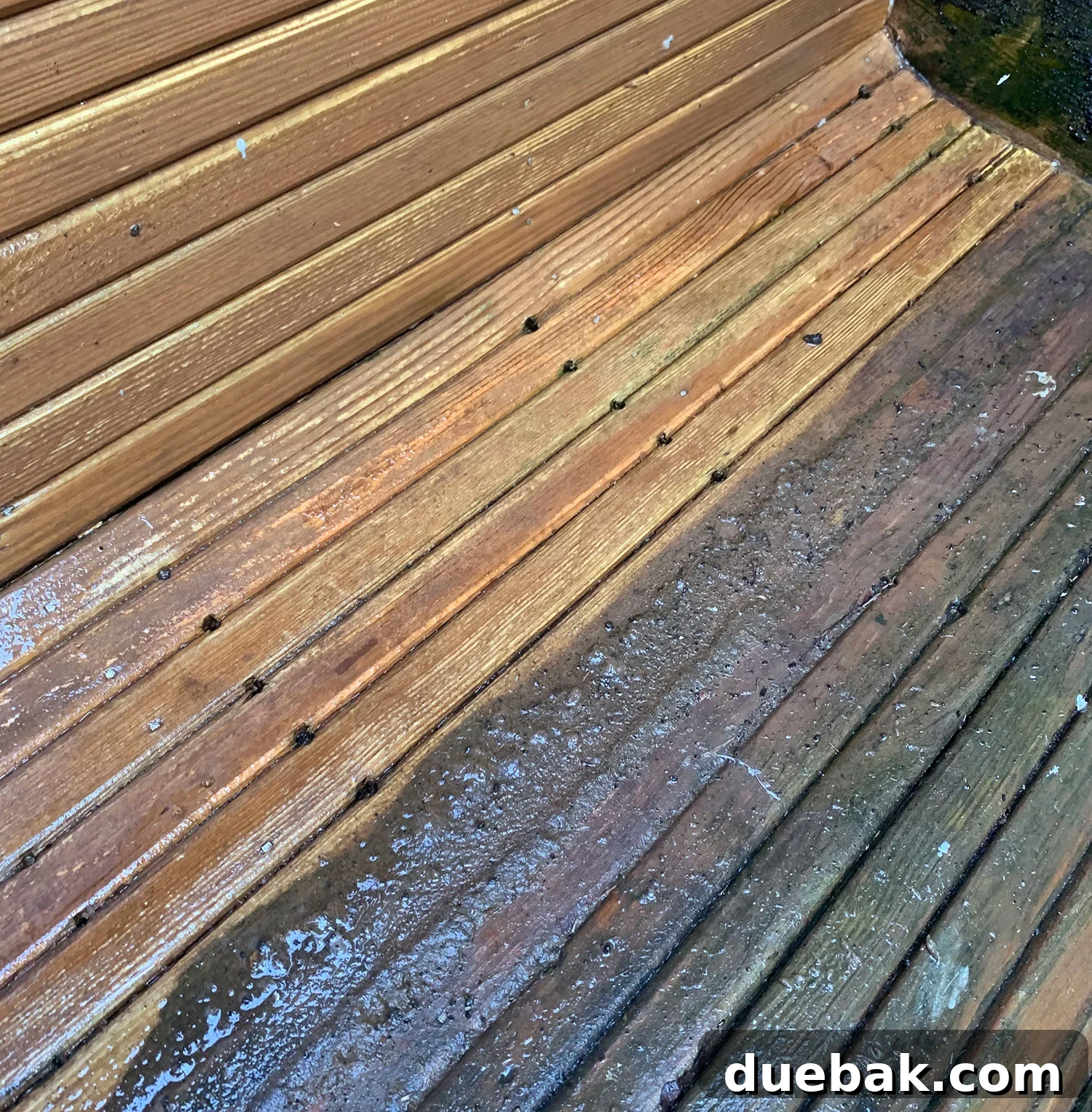 Outdoor wooden shower being cleaned with a pressure washer, highlighting its cleaning power