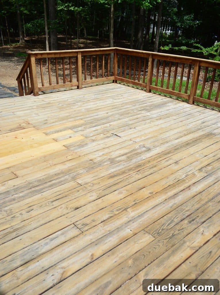 After photo of a deck, showing clean, bleached wood after the stripping process, ready for new stain