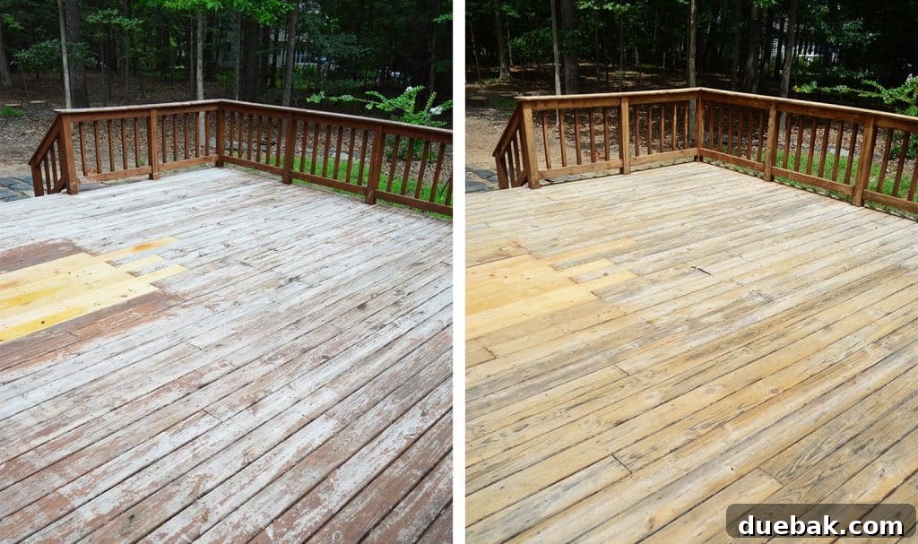Side-by-side comparison of an old, stained wood deck before and after the stain was successfully stripped