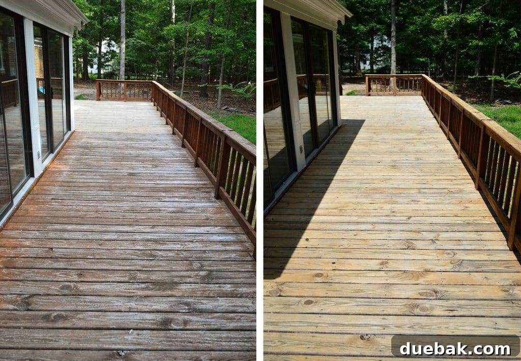 A partially stripped deck showing a clear line between the old, stained section and the newly stripped, clean wood