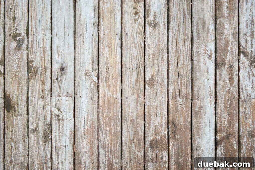 A worn wood deck showing splotchy, uneven stain finish, indicating it needs stripping