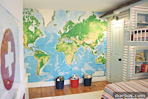 Globetrotter's Den: Map Wallpaper and Bunk Beds for Young Explorers 5 Map wallpaper applied to the wall in Angus's bedroom, showcasing global geography