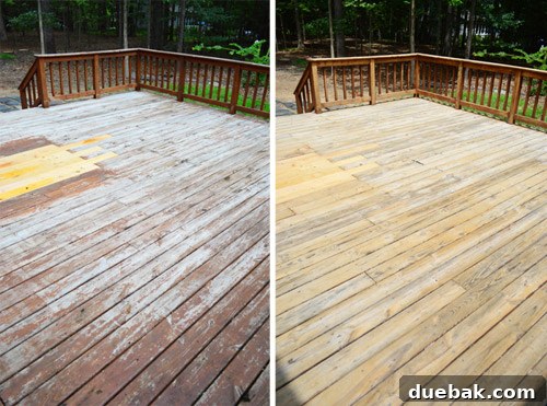 Before and after deck staining: a worn wooden deck being prepared for a new stain.
