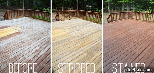 Dramatic side-by-side comparison of an old, weathered deck versus the same deck after professional staining, showing significant improvement.