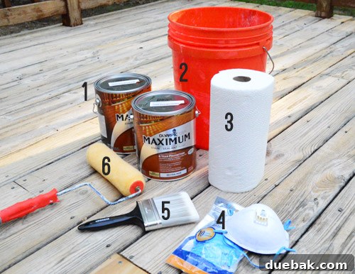 Large bucket filled with 'Olympic Maximum Semi-Transparent Stain' in Russet color, ready for application.