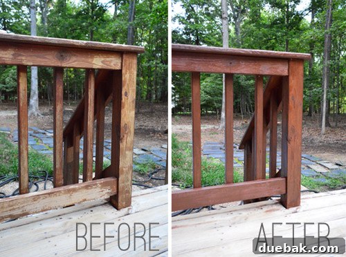 Before and after comparison of a deck railing section, showing how the new stain covered stripping imperfections.