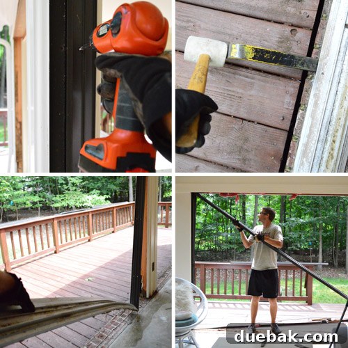 The metal door frames being carefully removed from the sunroom openings, revealing a cleaner space