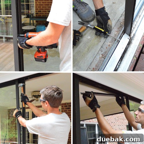 Detail shot of the sunroom door frame being carefully removed with various tools