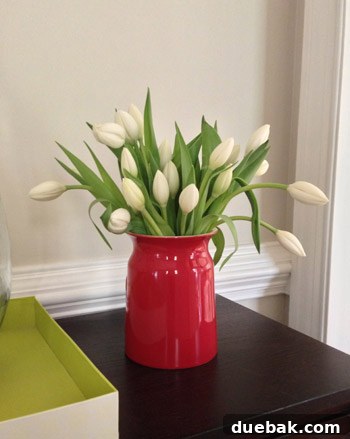 Vibrant red tulips arranged elegantly in a ceramic red pitcher, with a penny at the bottom, believed to prevent drooping.