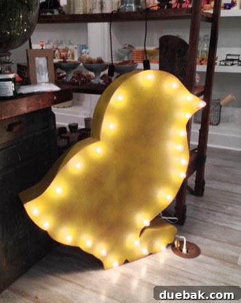 Seaside's Simple Pleasures: Window Shopping The Art of Simple 7 A charming lighted chick sign with a rustic finish, offering whimsical and unique home decor inspiration.