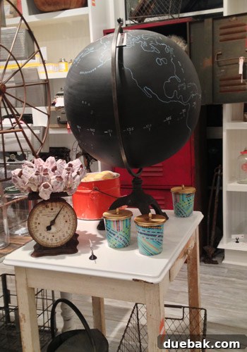 Seaside's Simple Pleasures: Window Shopping The Art of Simple 9 A globe entirely covered in chalkboard paint, with countries and measurements sketched in turquoise paint pen, offering a unique and interactive decor item.