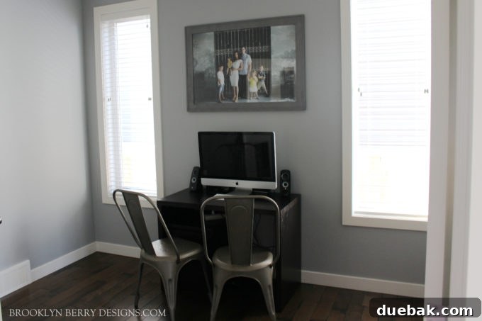 Dedicated home office space with a desk, comfortable chair, and shelving, designed for productivity and focus.