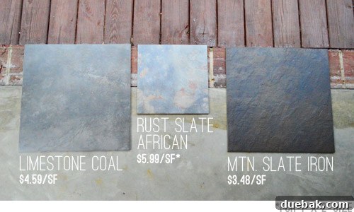 Beton Zemin İçin Boya mı Fayans mı? 11 Chosen Mountain Slate Iron tile sample, highlighting its texture and color against the deck