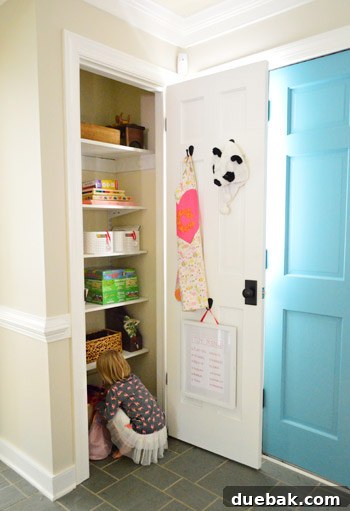 From Coat Closet To Toy Central 14 Clara, a happy child, standing proudly in front of her organized toy library closet, holding a panda hat.