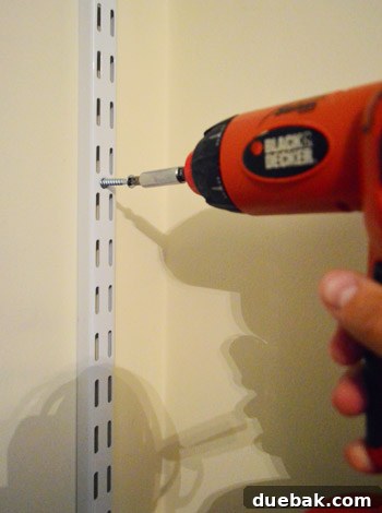 From Coat Closet To Toy Central 6 Close-up of a wall anchor and screw securing the adjustable shelving track to the wall.
