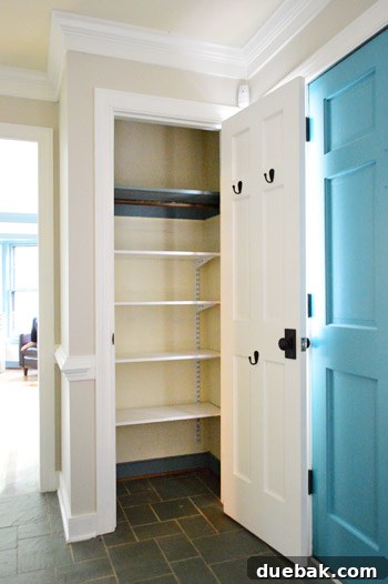 From Coat Closet To Toy Central 9 Overview of the newly installed adjustable shelving system inside the closet, ready for painting and organization.