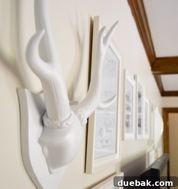 Detail of faux taxidermy and other art pieces in the gallery wall