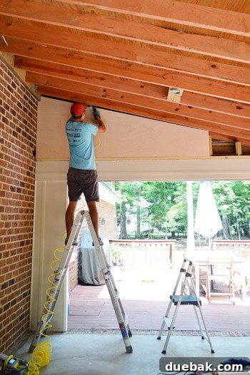 Readying Your Vaulted Ceiling for a Wood Plank Finish 15 Plywood installed on one side of the sunroom ceiling