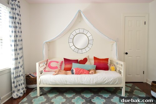 Mock-up of a mirror placed on the wall under the bed canopy for design ideas