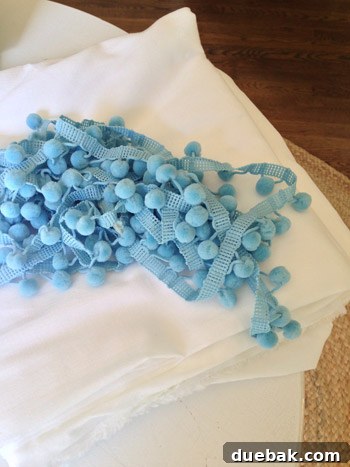 Close-up of turquoise pom-pom trim fabric