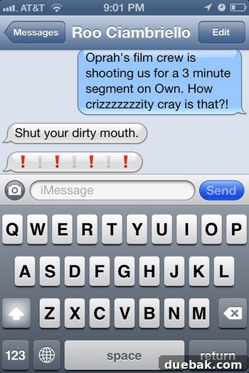 Text message exchange between Sherry and Roo after the Oprah meeting