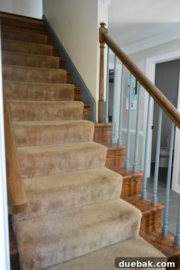 Transform Your Staircase with White Painted Balusters 3 Close up of a neglected staircase with blue trim and old carpet