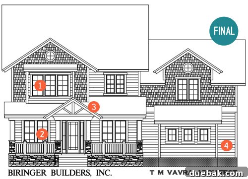 Signature Showhome Designs 10 Architectural rendering of the show house exterior, depicting a navy blue siding with white trim and stone foundation.