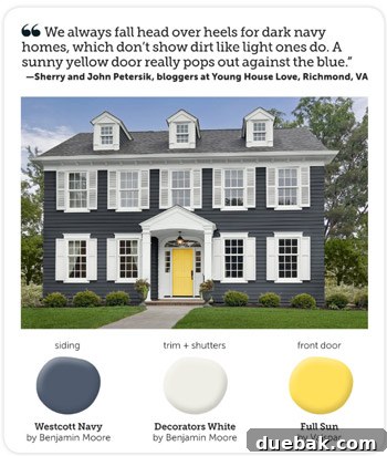 Signature Showhome Designs 11 Inspirational mood board or design sketch showing a navy house exterior with red door and white trim.