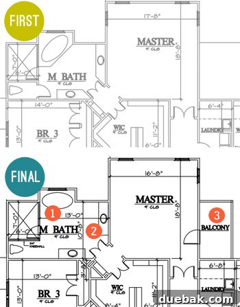 Signature Showhome Designs 9 Floor plan showing the master bedroom and bathroom, highlighting changes to the tub, vanities, and addition of a private balcony.