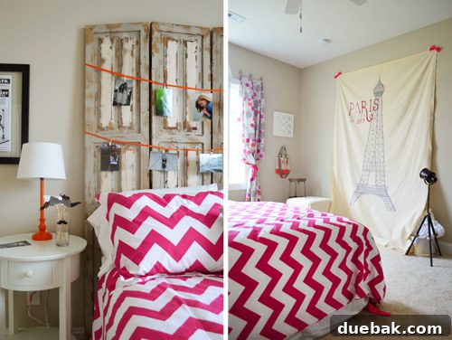 Teenage girl's room with a 'Paris meets mustache' theme and personal photos