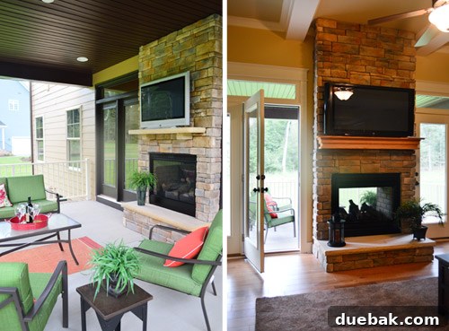 Covered outdoor porch with a double-sided indoor-outdoor fireplace and outdoor TV