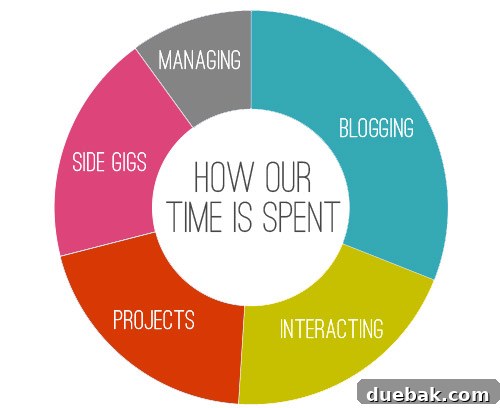 Pie chart illustrating the general work time allocation for full-time bloggers, showing the largest segment dedicated to website management, interaction, and business operations.