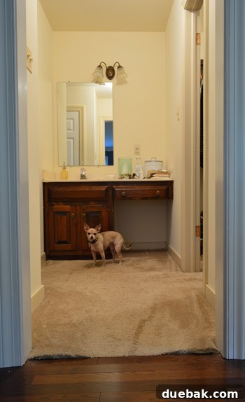 Before shot of an outdated carpeted bathroom with a small, round mirror over the vanity