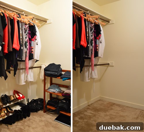 A messy closet floor cleared out, showing the old carpet awaiting removal